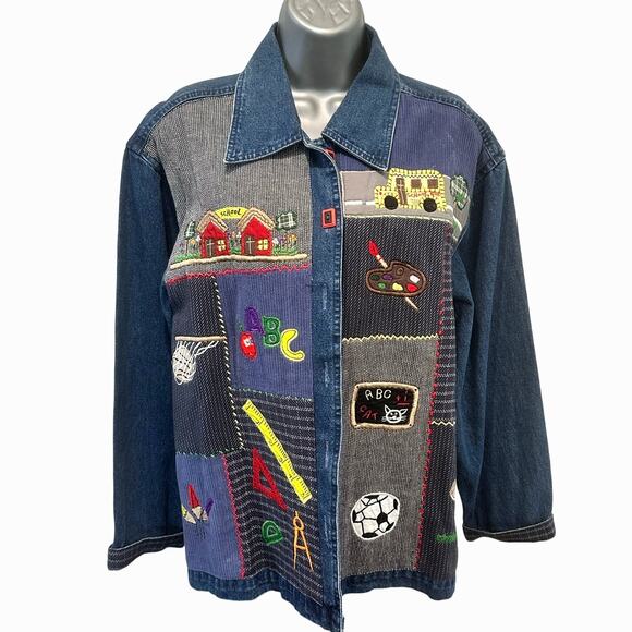 Keren Hart Vintage Embroidered Denim School Teacher Button Jacket Medium - Picture 1 of 14